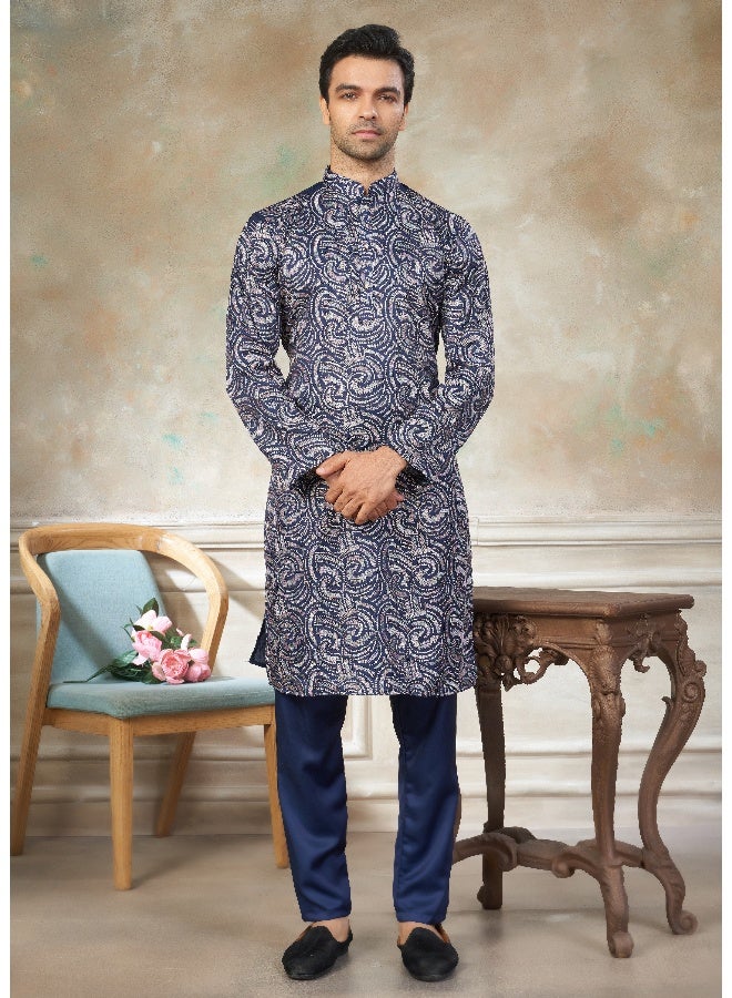 OUTLUK Navy Blue Embroidered Kurta and Pajama Set for Men - Image 1